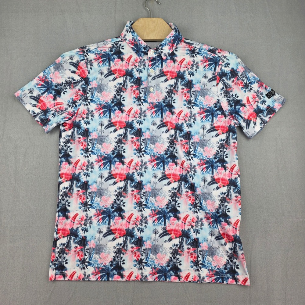 Sunday Swagger Polo Mens Large White Tropical Palm Tree Performance Golf Shirt